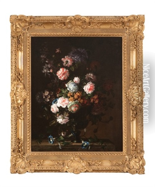 Still Life With Mixed Flowers In A Vase On A Ledge Oil Painting - Jean-Baptiste Monnoyer