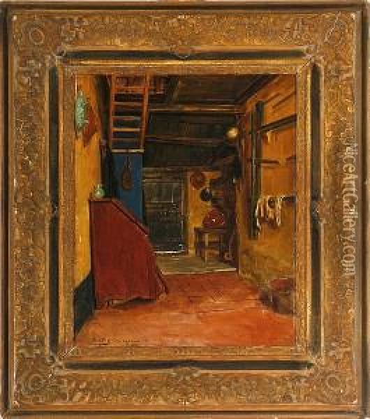 Dutch Interior With A Red Bureau Oil Painting - Ferdinand Fagerlin