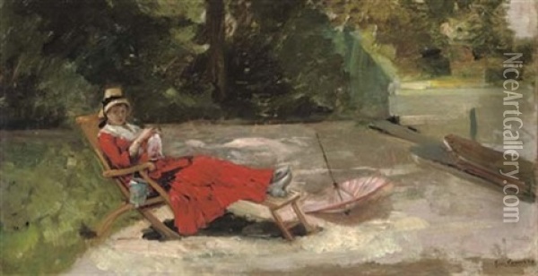 Madame Comerre Dans La Jardin D'enghien Oil Painting - Leon Francois Comerre