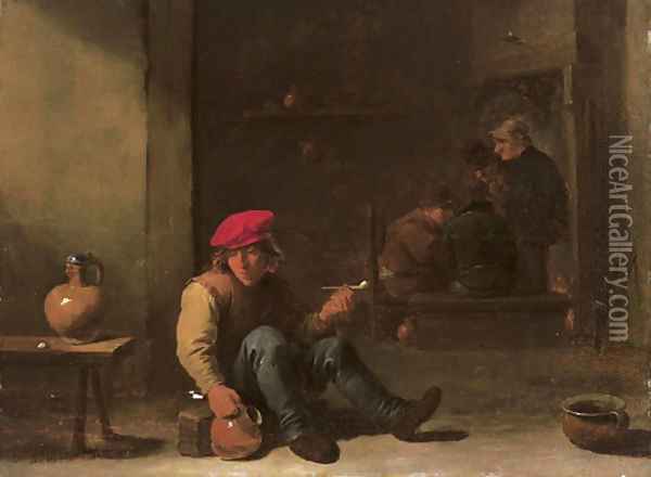 A boor holding a pipe and jug seated in an interior with other peasants conversing in the background Oil Painting - David III Teniers