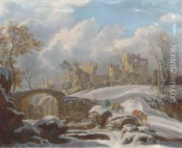 A Winter Landscape With A Peasant And His Mules By A Frozen Stream,ruins In The Distance Oil Painting - Francesco Foschi