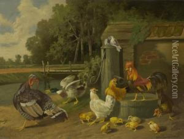 Huhner, Ente Und Truthahn Oil Painting - Otto Scheuerer