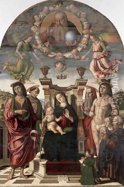 The Madonna and Child Enthroned with Saints Oil Painting - Giovanni Santi or Sanzio