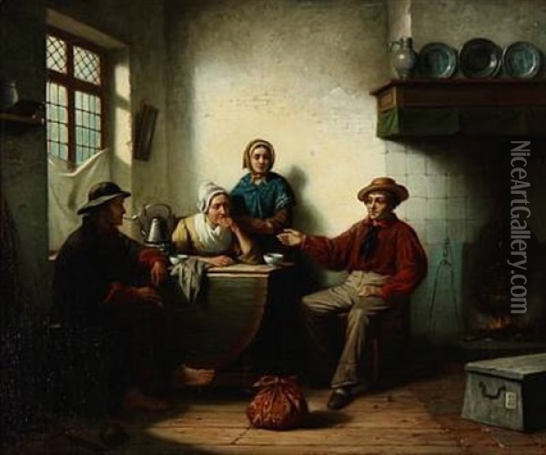 Interior With A Fisherman's Family Oil Painting - Jan Jacobus Matthijs Damschroeder