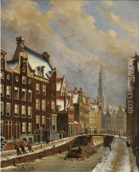 Winter Scene In Amsterdam With The Zuiderkerk Beyond Oil Painting - Oene Romkes De Jongh