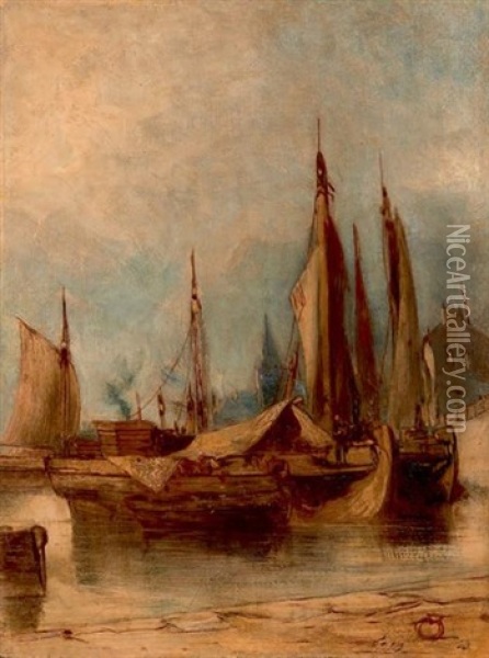 Vue D'un Port Oil Painting - Eugene F. A. Deshayes