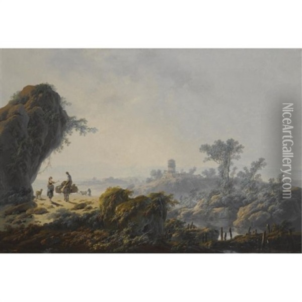 An Extensive Fluvial Landscape With Herders And Their Flock On A Path Oil Painting - Jean Baptiste Pillement