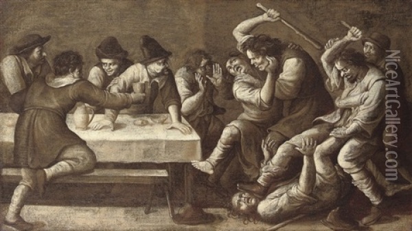 A Peasant Brawl In An Inn; En Grisaille Oil Painting - Joos van Craesbeeck