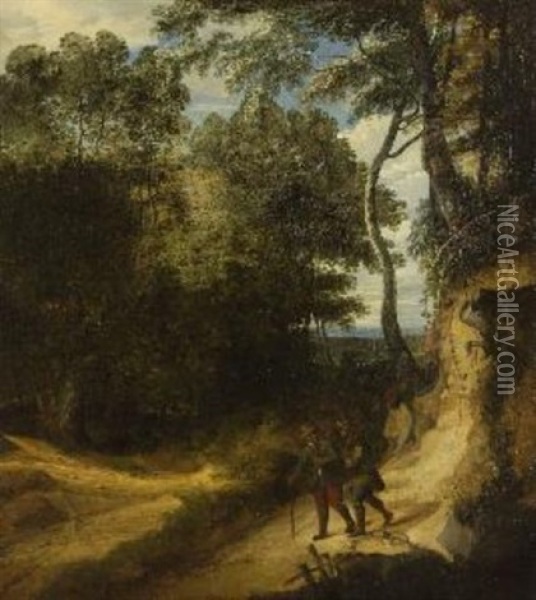 Baumlandschaft Mit Zwei Wanderern Oil Painting - Jacques d' Arthois