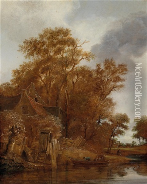 Landschaft Mit Bauernhutte An Einem Fluss Und Fahrboot Oil Painting - Cornelis Gerritsz Decker