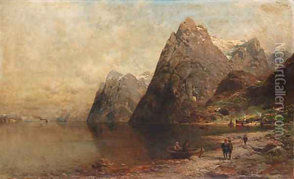 Mountainous lake landscape Oil Painting - Julius Rose