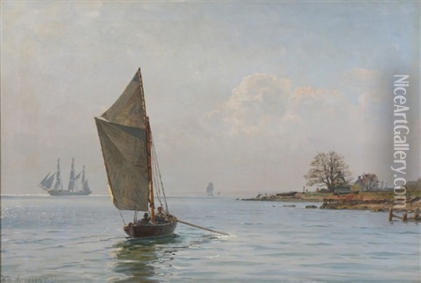 Seascape With Sailing Ships And A Dinghy Near The Coast Oil Painting - Vilhelm Karl Ferdinand Arnesen