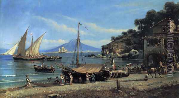 Figures on a beach near Naples Oil Painting - Giovanni Serritelli