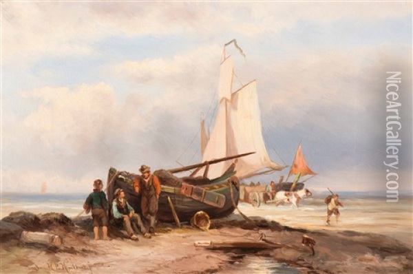 Shell Fishers By The Boat On The Beach Oil Painting - Albert Jurardus van Prooijen