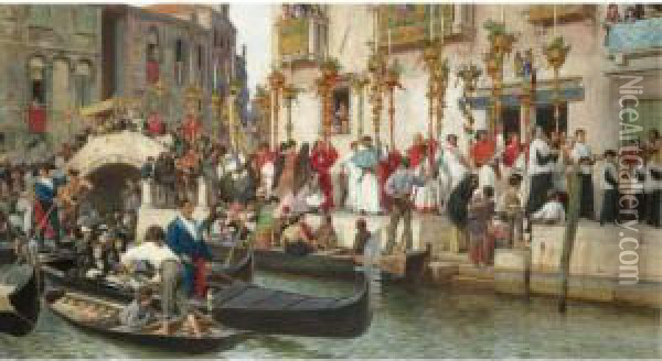 Brucke An Der Riva Dei 
Schiavoni: Eine Prozession In Venedig (procession Along The Riva Della 
Schiavoni, Venice) Oil Painting - Ludwig Passini