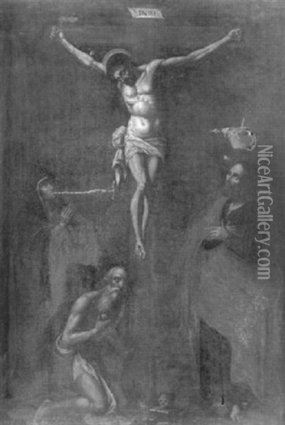 La Crucifixion Avec La Vierge, Saint Jerome Et Saint Jean Oil Painting - Jean Chalette