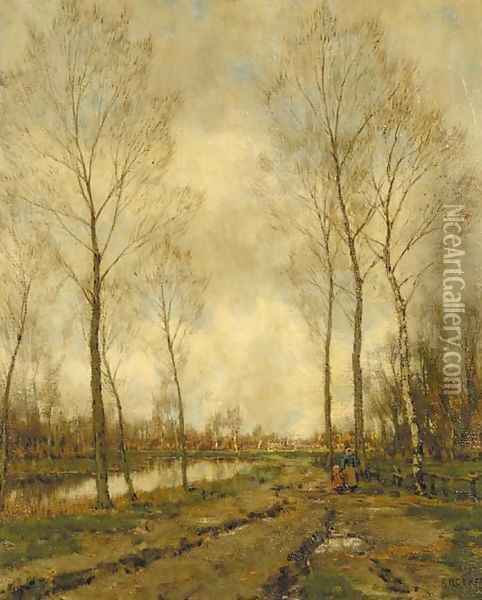 A mother and child strolling along a waterway Oil Painting - Arnold Marc Gorter