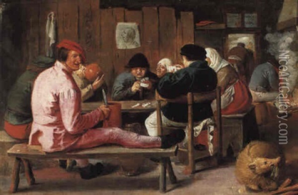 Boors Smoking And Drinking At A Table In A Tavern Oil Painting - Adriaen Brouwer