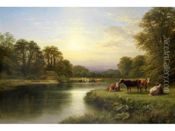 Cattle On A Riverbank Oil Painting - George Cole