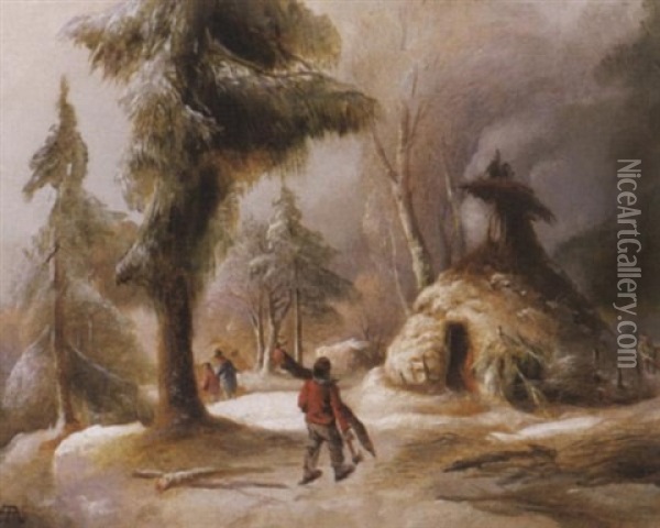 Norwegischer Winterwald Mit Kohlerei Oil Painting - Andreas Achenbach