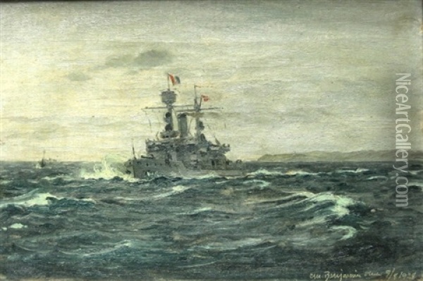 Marine Med Fransk Orlogsskib I Hoj So Oil Painting - Christian Benjamin Olsen