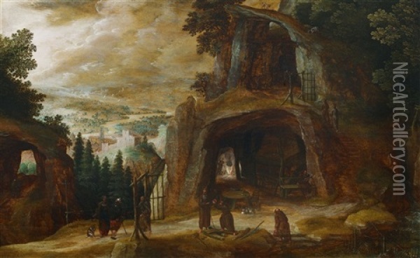 Landschaft Mit Monchen Vor Einer Felsengrotte Oil Painting - Joos de Momper the Younger