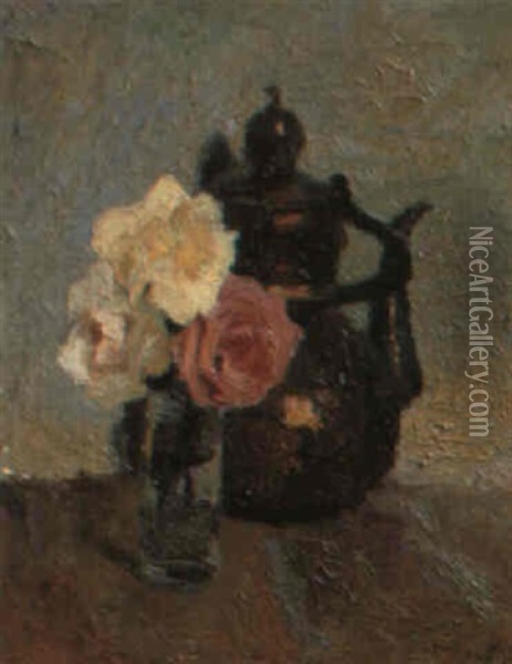 Petit Bouquet De Rose Et Theiere Oil Painting - Marcel Couchaux