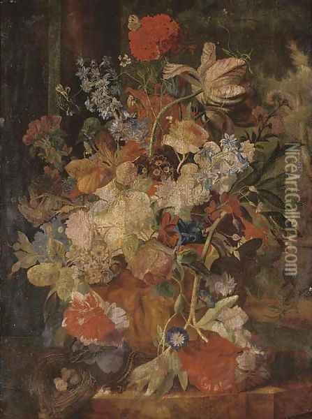 Tulips, morning glory, and other flowers in a sculpted urn with a birds nest on a ledge, figures in a garden beyond Oil Painting - Jan Van Huysum