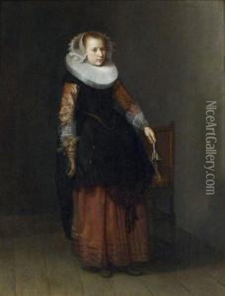Portrait De Jeune Femme Tenant Un Gant Oil Painting - Dirck Verhaert