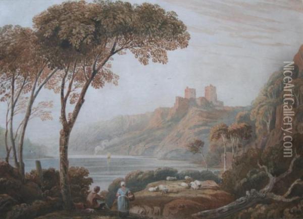 A Lake Scene With A Castle In The Distance Oil Painting - John Varley