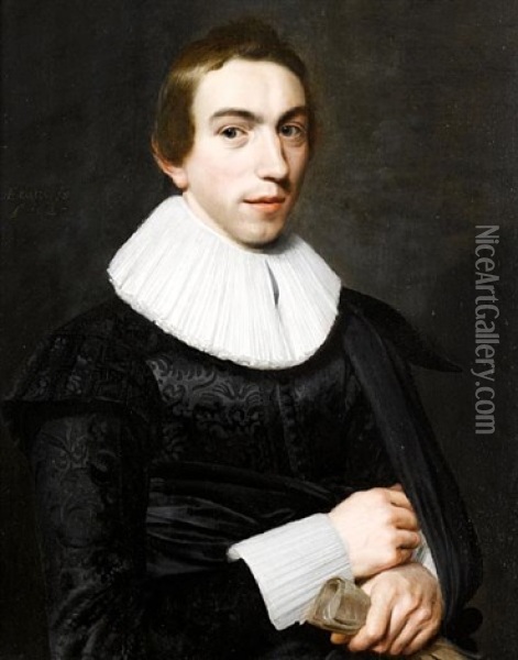 Portrait Of A Gentleman, Aged 18 In A Black Tunic With A White Lace Ruff And Cuffs, Holding A Pair Of Gloves Oil Painting - Willem Willemsz van der Vliet