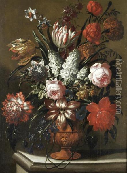 Roses, Tulips, Lilies And Other Flowers In A Terracotta Vase On A Stone Ledge Oil Painting - Caspar Pieter I Verbrugghen