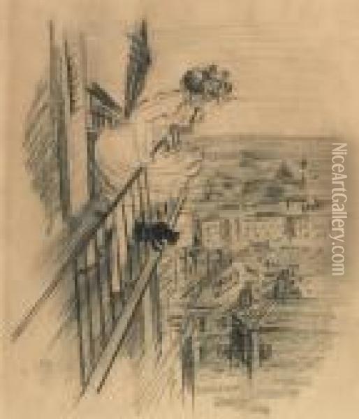 Woman With Cat On Balcony. Oil Painting - Theophile Alexandre Steinlen