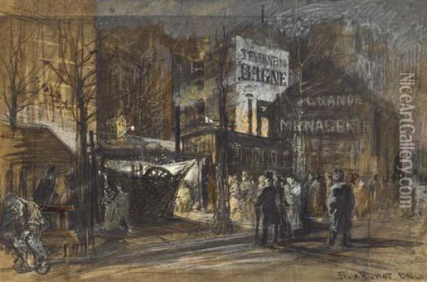 Une Scene Nocturne Avec Le 
Boulevard Montmartre, La Taverne Du Bagne Et La Menagerie Pezon Au Fond Oil Painting - Felix-Hilaire Buhot