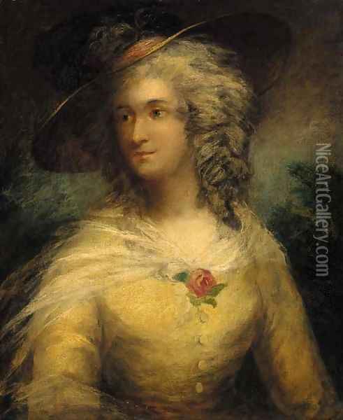 Portrait of a lady, bust-length, in a yellow dress and straw hat Oil Painting - Thomas Gainsborough