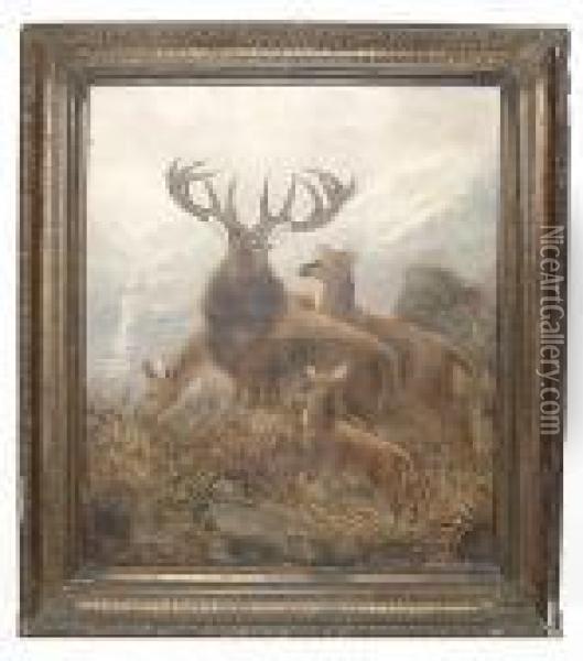 Deer In A Highland Landscape Oil Painting - Robert Cleminson