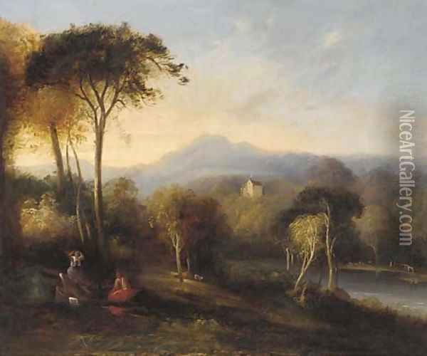Figures in an extensive landscape with a castle beyond Oil Painting - English School