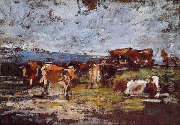 Cows in Pasture II Oil Painting - Eugene Boudin