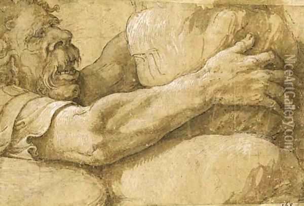 A giant clutching a rock Oil Painting - Giulio Romano (Orbetto)