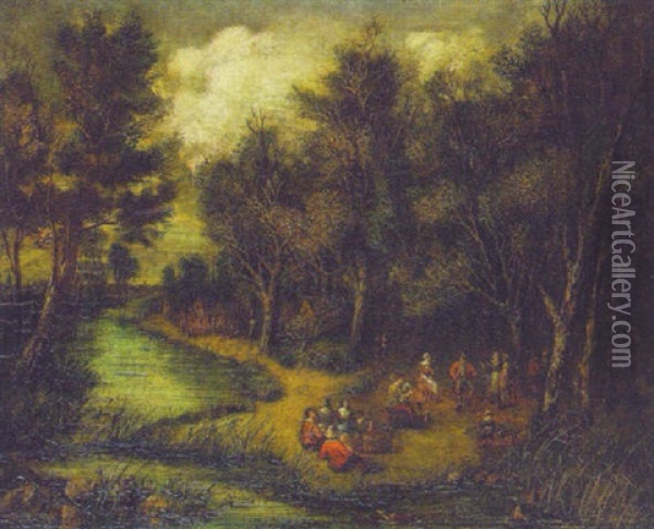 A Wooded Landcape With Peasants Dancing On A River Bank Oil Painting - Theobald Michau