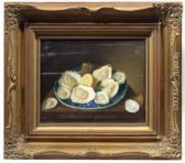 Austern Und Eine Zitronenhalfte Auf Einem Blauen Faienceteller Oil Painting - Jacob van Hulsdonck