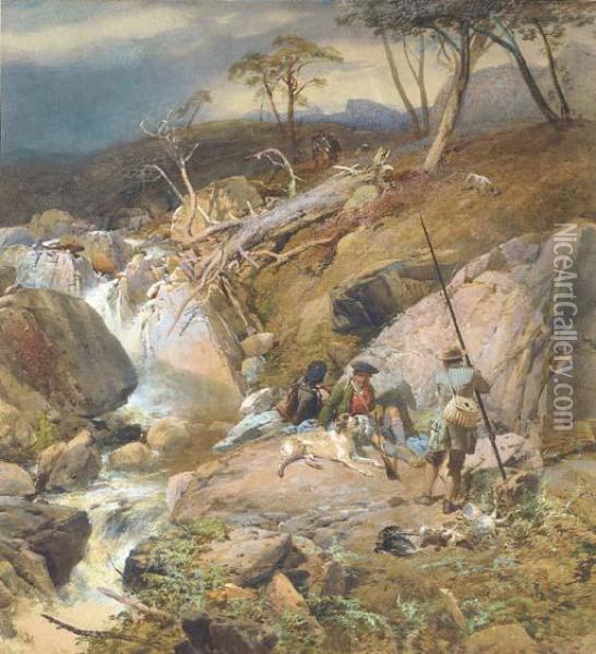 A Highland Burn With An Angler 
Conversing With Two Gillies Other Sportsmen Can Be Seen Approaching From
 The Distance Oil Painting - Thomas Miles Richardson