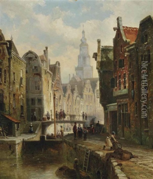 A Townview With Figures By A Canal And A Church In The Background Oil Painting - Cornelis Christiaan Dommelshuizen