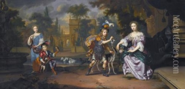 A Family Group Portrait: Two Young Girls With Their Two Brothers On The Terrace Of A Country House Near A Fountain Oil Painting - Mattheus Wytmans