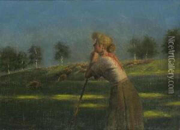 Rastende Schafhirtin. Oil Painting - Paul-Wilhelm Keller-Reutlingen