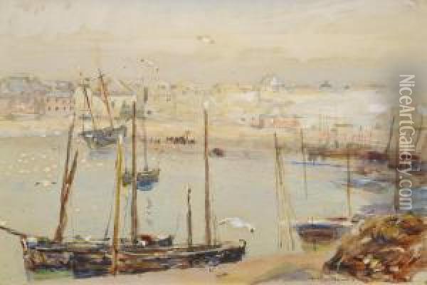St Ives Harbour, Cornwall, Early Morning With Mist Oil Painting - Frederick William Jackson