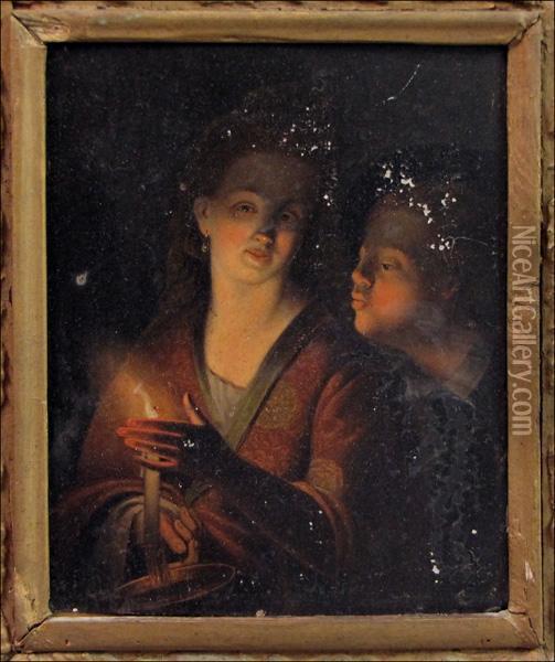 Two Figures By Candlelight Oil Painting - Godfried Schalcken
