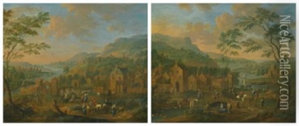 Two Scenes Of A Village On The Banks Of A River (pair) Oil Painting - Karel Breydel