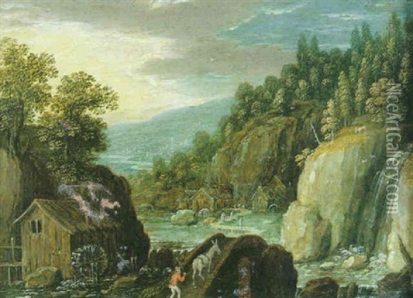 Paysage De Riviere A La Cascade Et Au Moulin A Eau Oil Painting - Marten Ryckaert