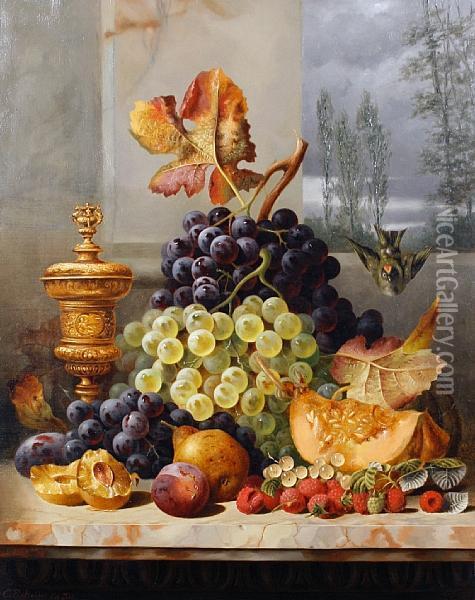 Still Life Of Fruit On A Marble Ledge Oil Painting - Charles E. Baskett